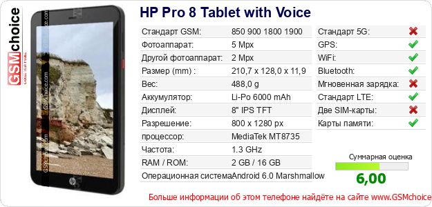 HP Pro 8 Tablet with Voice Технические данные телефона HP Pro 8 Tablet with Voice Технические данные телефона