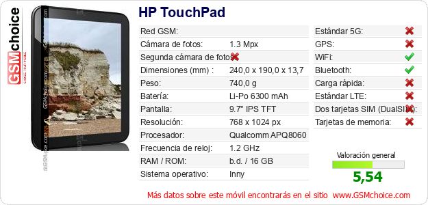 HP TouchPad Datos técnicos del móvil HP TouchPad Datos técnicos del móvil