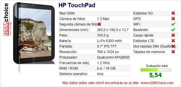 HP TouchPad Datos técnicos del móvil HP TouchPad Datos técnicos del móvil