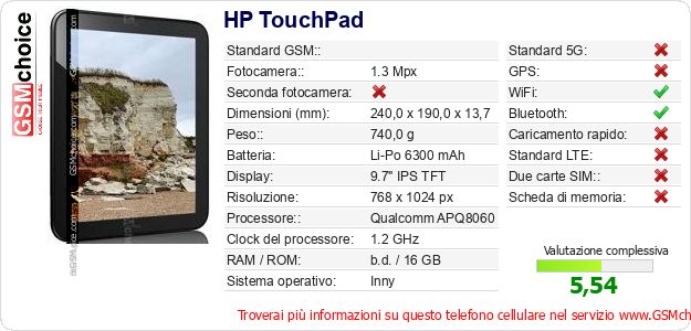 HP TouchPad Dati tecnici di telefono cellulare HP TouchPad Dati tecnici di telefono cellulare
