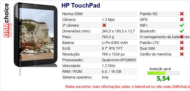HP TouchPad Especificações técnicas do telemóvel HP TouchPad Especificações técnicas do telemóvel
