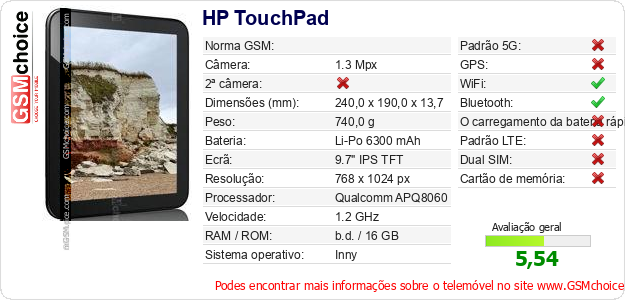HP TouchPad Especificações técnicas do telemóvel HP TouchPad Especificações técnicas do telemóvel