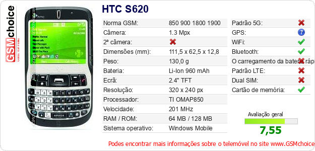 HTC S620 Especificações técnicas do telemóvel 