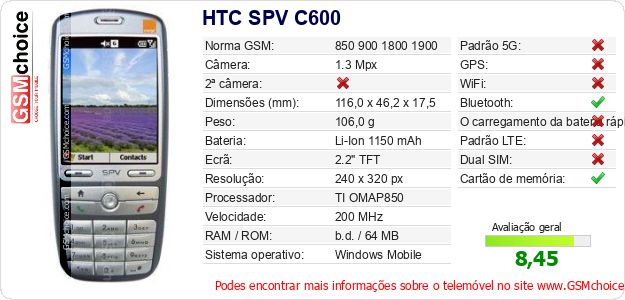 HTC SPV C600 Especificações técnicas do telemóvel 