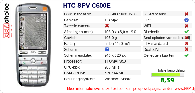 HTC SPV C600E Technische gegevens HTC SPV C600E Technische gegevens