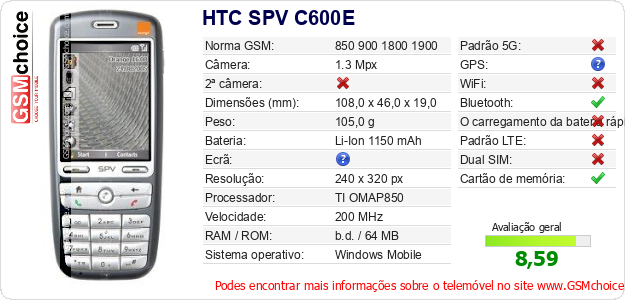 HTC SPV C600E Especificações técnicas do telemóvel HTC SPV C600E Especificações técnicas do telemóvel