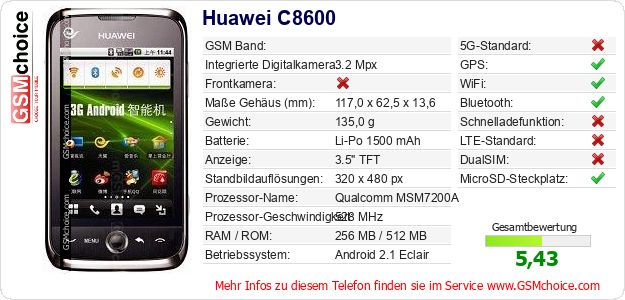Huawei C8600 technische Daten Huawei C8600 technische Daten