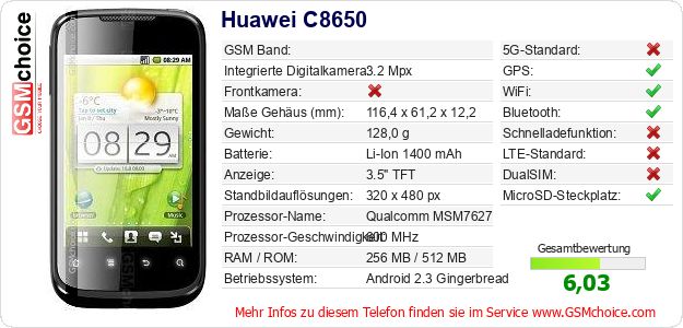 Huawei C8650 technische Daten Huawei C8650 technische Daten