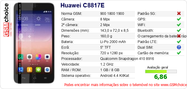 Huawei C8817E Especificações técnicas do telemóvel Huawei C8817E Especificações técnicas do telemóvel