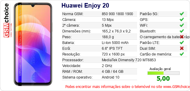 Huawei Enjoy 20 Especificações técnicas do telemóvel Huawei Enjoy 20 Especificações técnicas do telemóvel