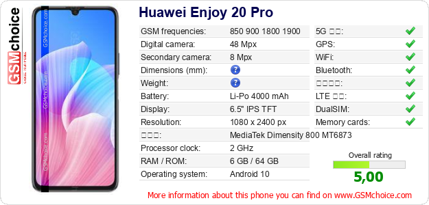Huawei Enjoy 20 Pro 手機技術數據