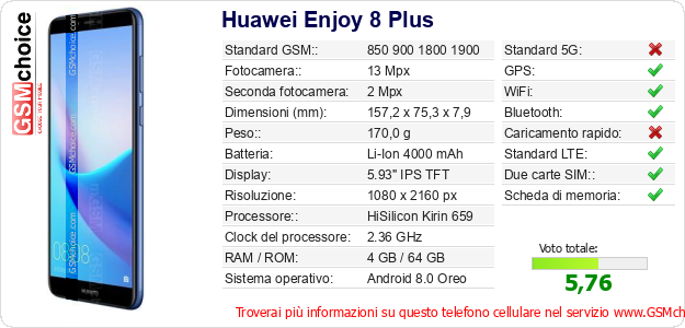Huawei Enjoy 8 Plus Dati tecnici di telefono cellulare Huawei Enjoy 8 Plus Dati tecnici di telefono cellulare