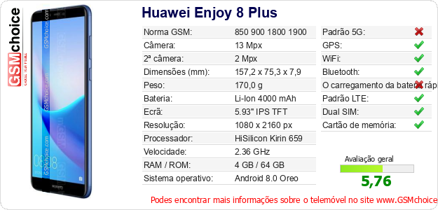 Huawei Enjoy 8 Plus Especificações técnicas do telemóvel Huawei Enjoy 8 Plus Especificações técnicas do telemóvel