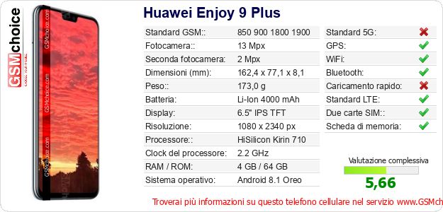 Huawei Enjoy 9 Plus Dati tecnici di telefono cellulare Huawei Enjoy 9 Plus Dati tecnici di telefono cellulare
