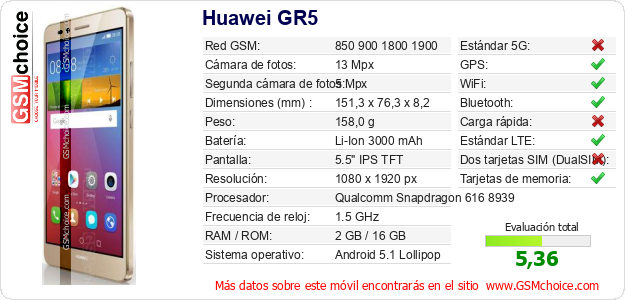 Huawei GR5 Datos técnicos del móvil Huawei GR5 Datos técnicos del móvil