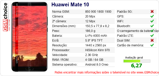 Huawei Mate 10 Especificações técnicas do telemóvel 