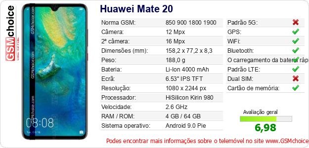 Huawei Mate 20 Especificações técnicas do telemóvel Huawei Mate 20 Especificações técnicas do telemóvel