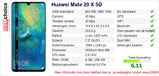 Huawei Mate 20 X 5G Technische gegevens Huawei Mate 20 X 5G Technische gegevens