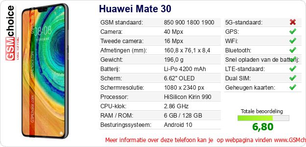Huawei Mate 30 Technische gegevens Huawei Mate 30 Technische gegevens