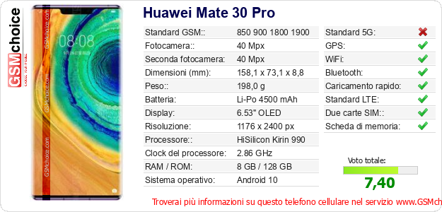 Huawei Mate 30 Pro Dati tecnici di telefono cellulare 