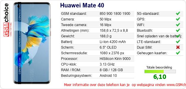 Huawei Mate 40 Technische gegevens Huawei Mate 40 Technische gegevens