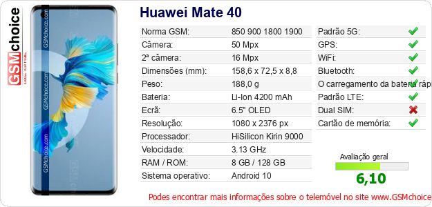 Huawei Mate 40 Especificações técnicas do telemóvel Huawei Mate 40 Especificações técnicas do telemóvel