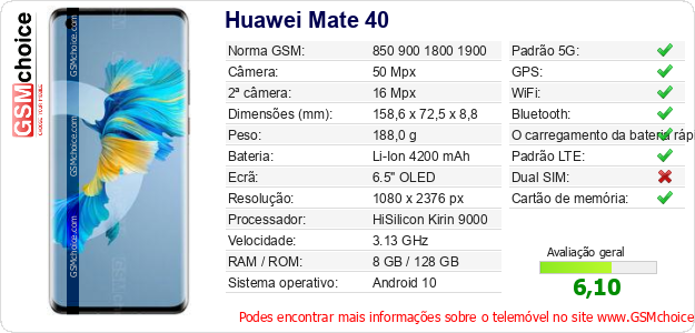 Huawei Mate 40 Especificações técnicas do telemóvel Huawei Mate 40 Especificações técnicas do telemóvel