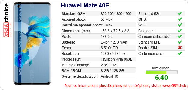 Huawei Mate 40E Fiche technique Huawei Mate 40E Fiche technique