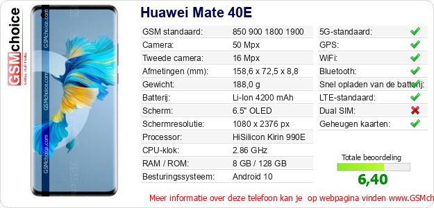 Huawei Mate 40E Technische gegevens Huawei Mate 40E Technische gegevens