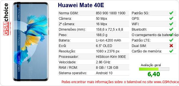Huawei Mate 40E Especificações técnicas do telemóvel Huawei Mate 40E Especificações técnicas do telemóvel