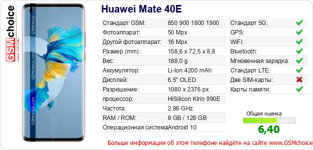 Huawei Mate 40E Технические данные телефона Huawei Mate 40E Технические данные телефона
