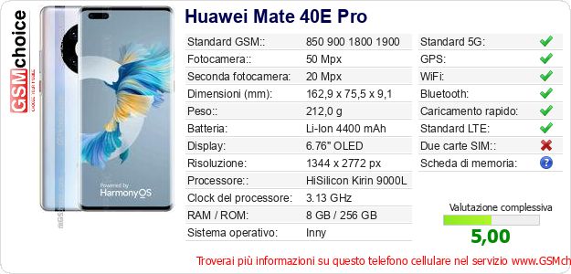 Huawei Mate 40E Pro Dati tecnici di telefono cellulare Huawei Mate 40E Pro Dati tecnici di telefono cellulare