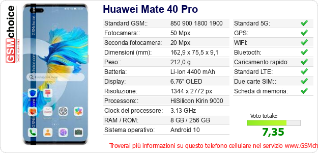 Huawei Mate 40 Pro Dati tecnici di telefono cellulare Huawei Mate 40 Pro Dati tecnici di telefono cellulare