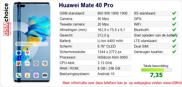 Huawei Mate 40 Pro Technische gegevens Huawei Mate 40 Pro Technische gegevens
