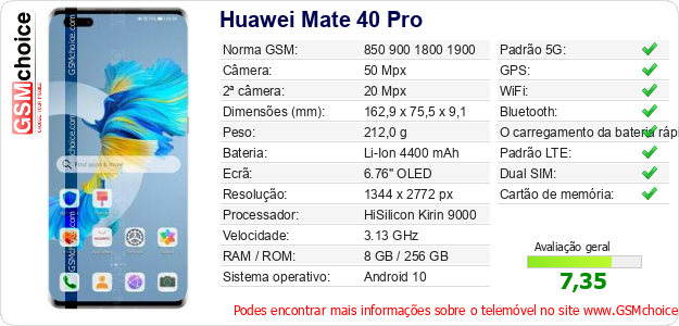 Huawei Mate 40 Pro Especificações técnicas do telemóvel Huawei Mate 40 Pro Especificações técnicas do telemóvel