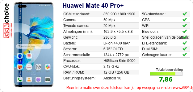 Huawei Mate 40 Pro+ Technische gegevens Huawei Mate 40 Pro+ Technische gegevens