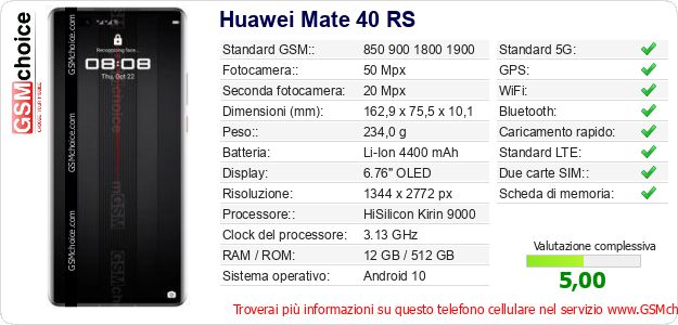 Huawei Mate 40 RS Dati tecnici di telefono cellulare Huawei Mate 40 RS Dati tecnici di telefono cellulare