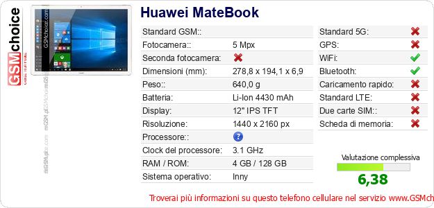 Huawei MateBook Dati tecnici di telefono cellulare Huawei MateBook Dati tecnici di telefono cellulare