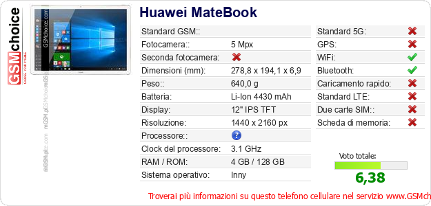 Huawei MateBook Dati tecnici di telefono cellulare Huawei MateBook Dati tecnici di telefono cellulare