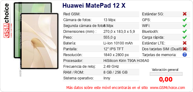 Huawei MatePad 12 X Datos técnicos del móvil 