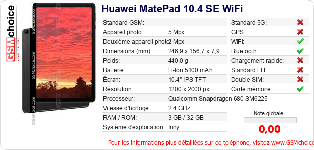 Huawei MatePad 10.4 SE WiFi Fiche technique
