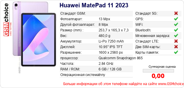 Huawei MatePad 11 2023 Технические данные телефона Huawei MatePad 11 2023 Технические данные телефона