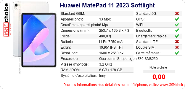 Huawei MatePad 11 2023 Softlight Fiche technique Huawei MatePad 11 2023 Softlight Fiche technique