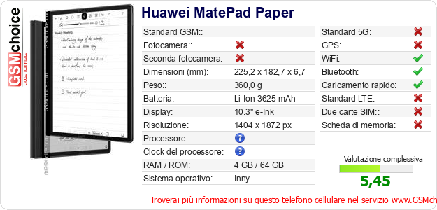 Huawei MatePad Paper Dati tecnici di telefono cellulare 
