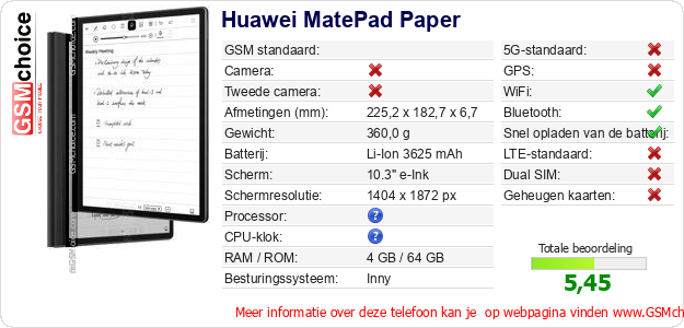 Huawei MatePad Paper Technische gegevens Huawei MatePad Paper Technische gegevens