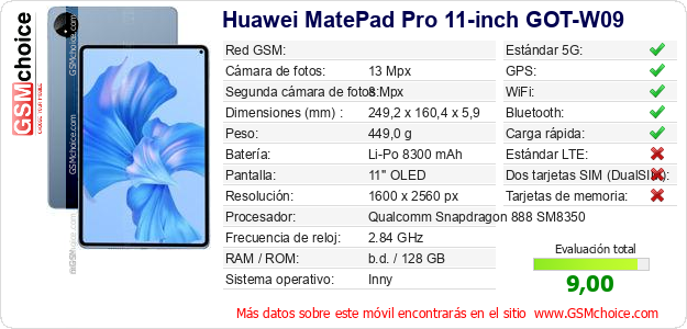 Huawei MatePad Pro 11-inch GOT-W09 Datos técnicos del móvil 