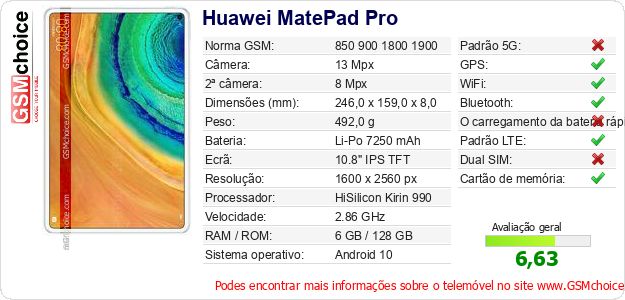 Huawei MatePad Pro Especificações técnicas do telemóvel Huawei MatePad Pro Especificações técnicas do telemóvel
