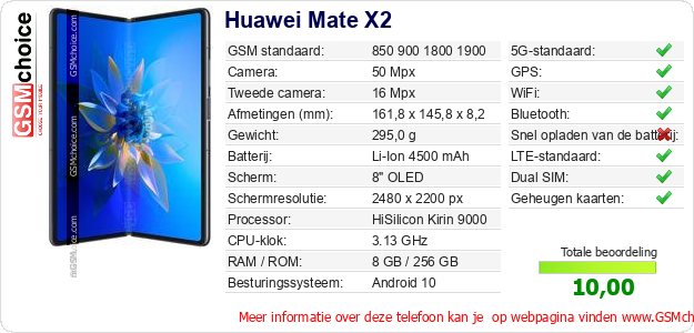 Huawei Mate X2 Technische gegevens Huawei Mate X2 Technische gegevens