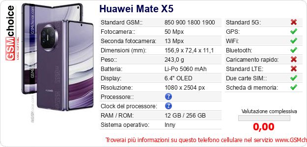 Huawei Mate X5 Dati tecnici di telefono cellulare Huawei Mate X5 Dati tecnici di telefono cellulare