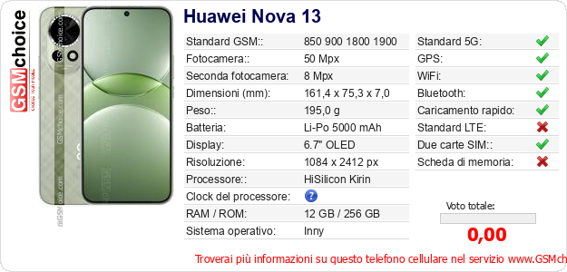 Huawei Nova 13 Dati tecnici di telefono cellulare 